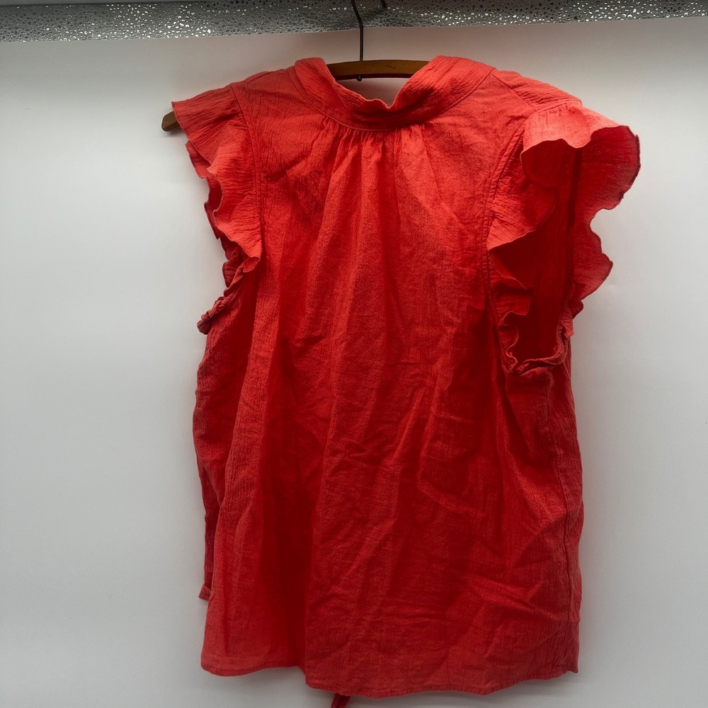Happy X Nature Red Organic Cotton Ruffle Flutter Sleeve Tie Neck Blouse‎ Medium